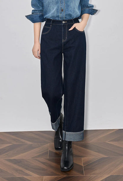 Women Denim Jeans 2025 Spring New Straight Wide Leg Rolling Up Ankle Length Cropped Pants