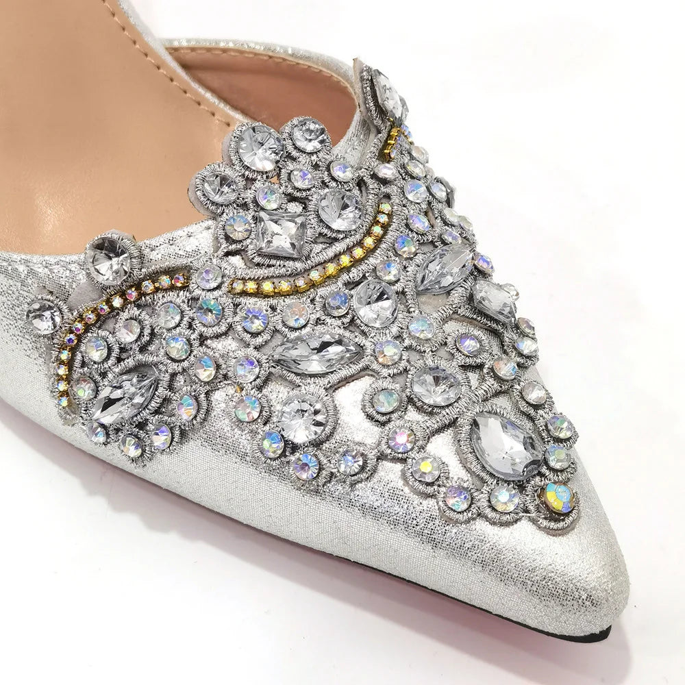 2023 New Fashion Simple And Versatile Silver Pointed Toe High Heels Comfortable To Wear Party Ladies Shoes And Bag
