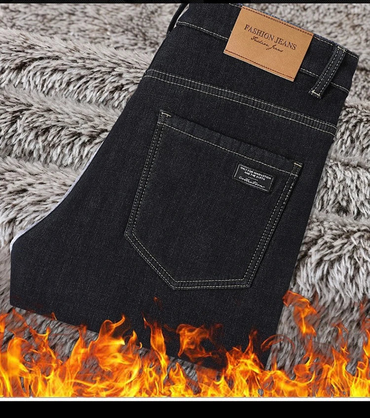 Men's Fleece Lined Thicken Jeans Winter Warm Stretch Slim Fit Denim Pants Comfortable Soft Trousers for Daily Work Wear Clothing