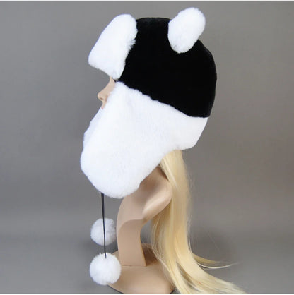 Hot Sale New Women False Rex  Rabbit False Fur Hat Winter Warm Fur Hat Black and White Panda Cute Color Artificial Hat