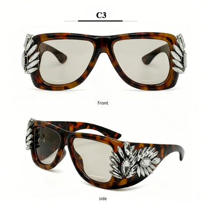 Women Oversized Square Cat Eye Sunglasses Luxury Rhinestone Floral Side Decor UV400 Thick Frame Shades for Party Nightclub