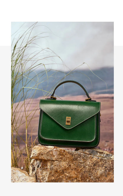 Genuine Leather Women luxury bag high quality Simple vintage Fashion Postman handbags ladies 2025 shoulder green small bag