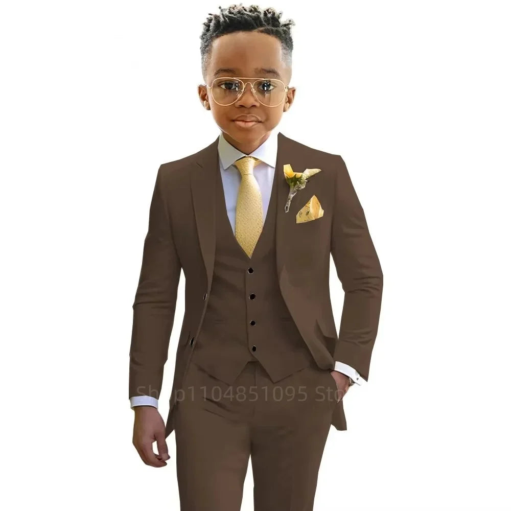 Stylish Boys Suit Wedding Tuxedo Solid Peak Lapel Jacket Vest Pants Party Prom 3 Piece Set Kids Formal Outfit 2-18 Years Old