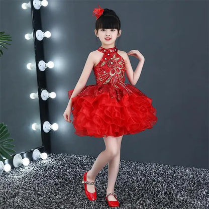 Summer Children's Performance Costume Princess Dress Kids Vestido Stage Sequined Tutu Dance Girl Clothes Baby Dresses Robe Fille