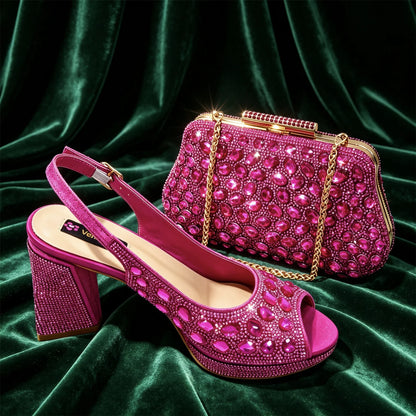 2026 Chic Fuchsia Peep Toe Heels with Sparkling Diamond Accents - Italian Designed Matching Pump and Bag Set for Stunning Party