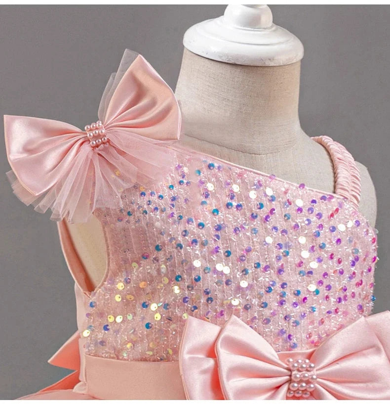 Fashion Birthday Dress Lace Mesh Bow Kids Girls Sequin Dress Summer Children Clothing Princess Ball Gown Pageant 1-6 Years