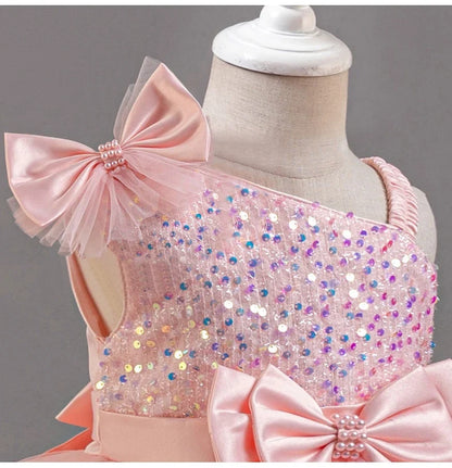 Fashion Birthday Dress Lace Mesh Bow Kids Girls Sequin Dress Summer Children Clothing Princess Ball Gown Pageant 1-6 Years
