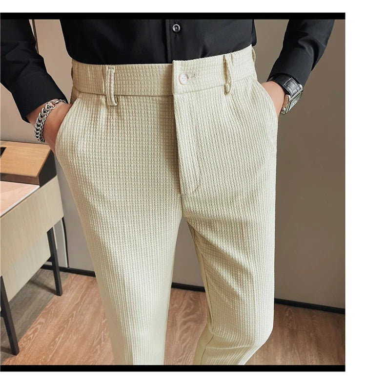 Men's Waffle Casual Pants Fashion Korean Stretch Waist Business Formal Pants Mens Social Party Suit Pants Streetwear Pencil Pant
