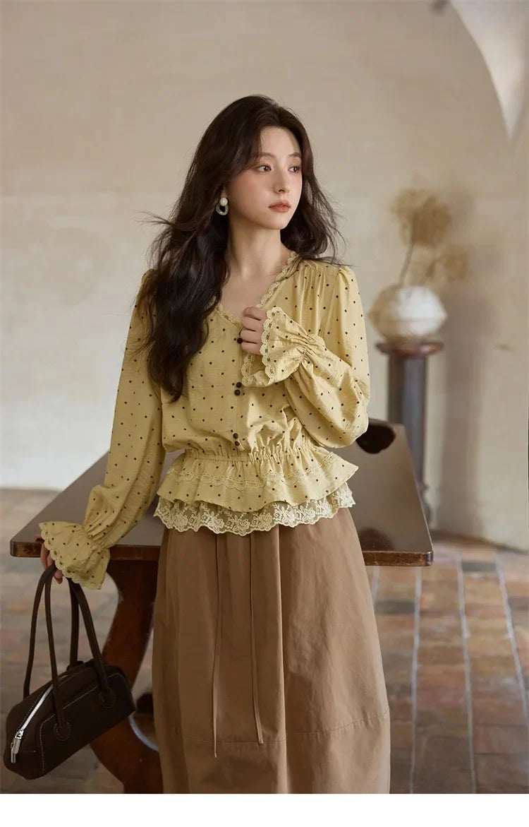 Autumn Yellow Polka Dot Linen Blouse 2025 Autumn Lace V-neck Commuter Top Flare Sleeve Elastic Waist Shirts MXE42X1975