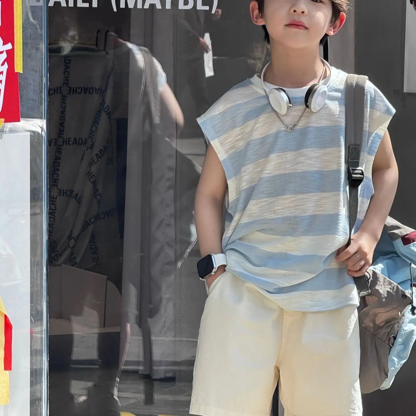 Breathable Lightweight Blue Striped Sleeveless Pure Cotton Shorts Kids Boy Clothes Set Cartoon Children's Fashion Korean Boys'