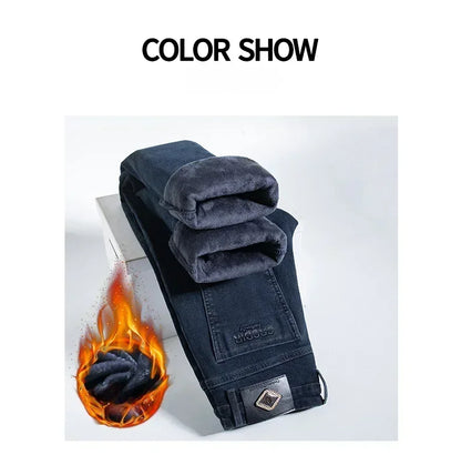 Men's Thicken Fleece Straight Jeans Winter Business Casual Stretch Denim Pants Warm Plush Brand Trousers Pans Male Classic