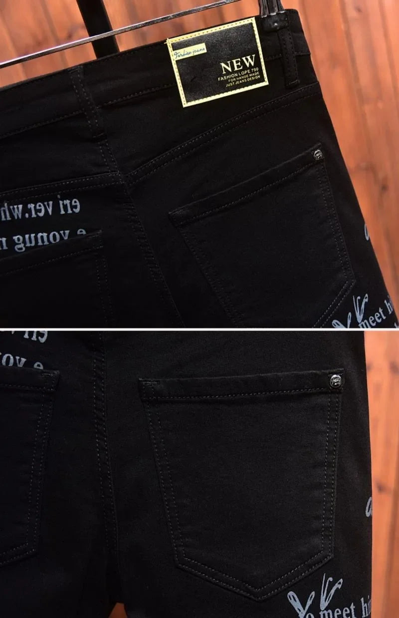 2025 Spring and Autumn New Fashion Trend Printed Black Straight Leg Jeans Men's Casual Comfort Breathable High Quality Pants