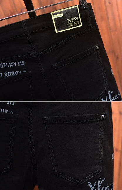 2025 Spring and Autumn New Fashion Trend Printed Black Straight Leg Jeans Men's Casual Comfort Breathable High Quality Pants