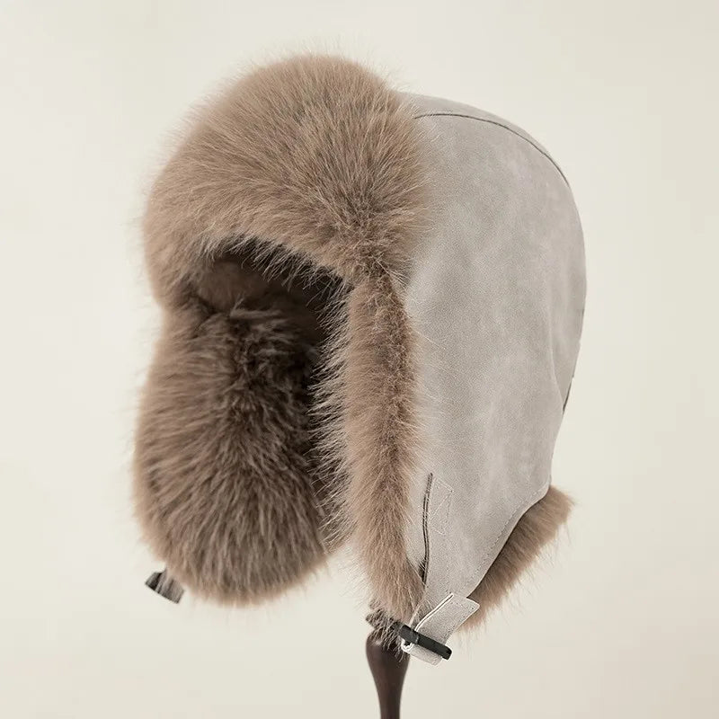 Women Winter Windproof Cold Proof Hat Man Warm Leather Pilot Hats Adult Long Fur Ear Protection Cap