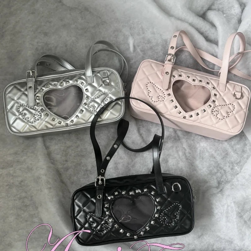 Pink Transparent Pocket Japanese Itabag Rivet Design Lolita Shoulder Bag PU Leather Harajuku Pain Bags Y2k Sweet Handbags Girls