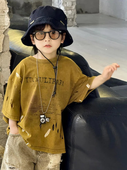 2026 Summer New Boys' Distressed Tie Dye Short Sleeved T-Shirt Junior Sizes Stylish Trendy Kids' Apparel