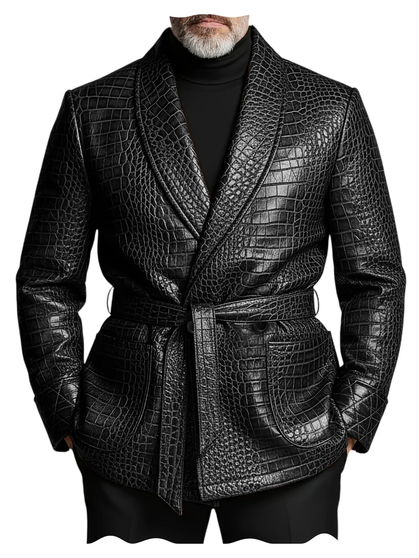  Men's Crocodile Pattern Leather Blazer Double Breasted Belted Shawl Collar Jacket Business Formal Party Wedding Casual Wear