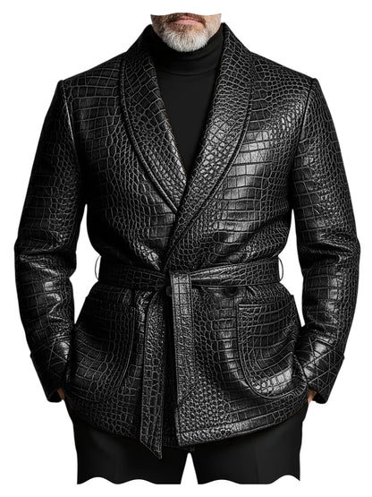  Men's Crocodile Pattern Leather Blazer Double Breasted Belted Shawl Collar Jacket Business Formal Party Wedding Casual Wear