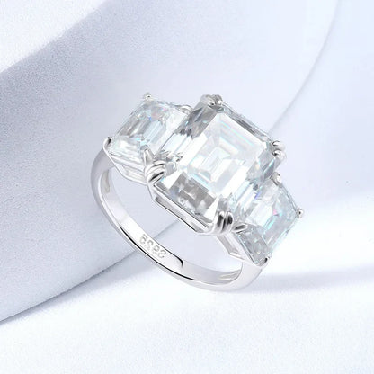 12cttw Emerald Cut Full Moissanite Engagement Ring for Women 3 Stones Sterling Silver 925 Wedding Band with Certificate