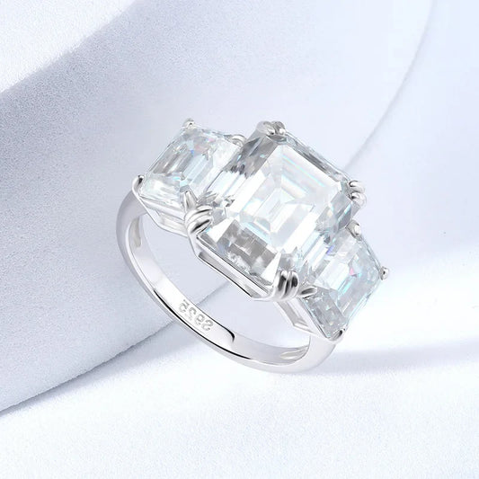 12cttw Emerald Cut Full Moissanite Engagement Ring for Women 3 Stones Sterling Silver 925 Wedding Band with Certificate