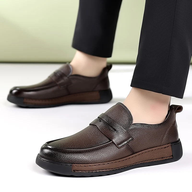 Men's Solid-Color Breathable Leather Casual Shoes  Fashionable And Lightweight Business Walking Shoes  Outdoor Anti-Slip Loafers