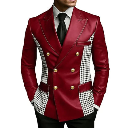 Men’s Brown Leather Blazer With Houndstooth Sides Vintage Two-Tone Double Breasted Slim Fit Gold Buttons Leather Tuxedo Jacket