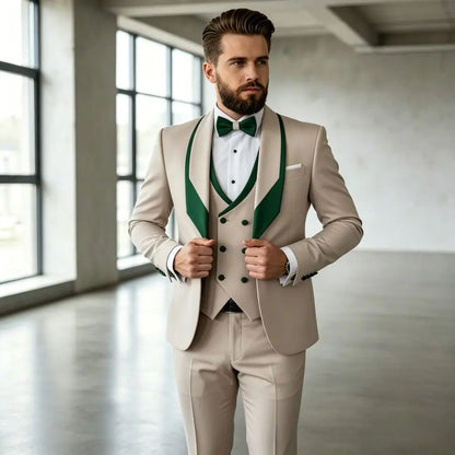 3 Pieces Men's Slim Fit Wedding Tuxedo Beige Groom Prom Dinner Blazer Vest Pants Set Classic Business Formal Suit for Men