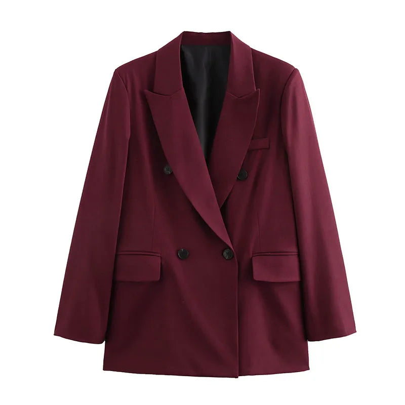 Vintage Wine Red Blazer Jacket Women Fashion Double-Breasted Long Sleeve Suit Jackets Female 2026 New Spring Lapel Office Coat