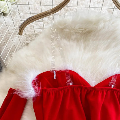 Women's Christmas Dress Sexy Low-cut Waist Thin Big Pendulum Fluffy Splicing Suspender Tube Ling Dress Red