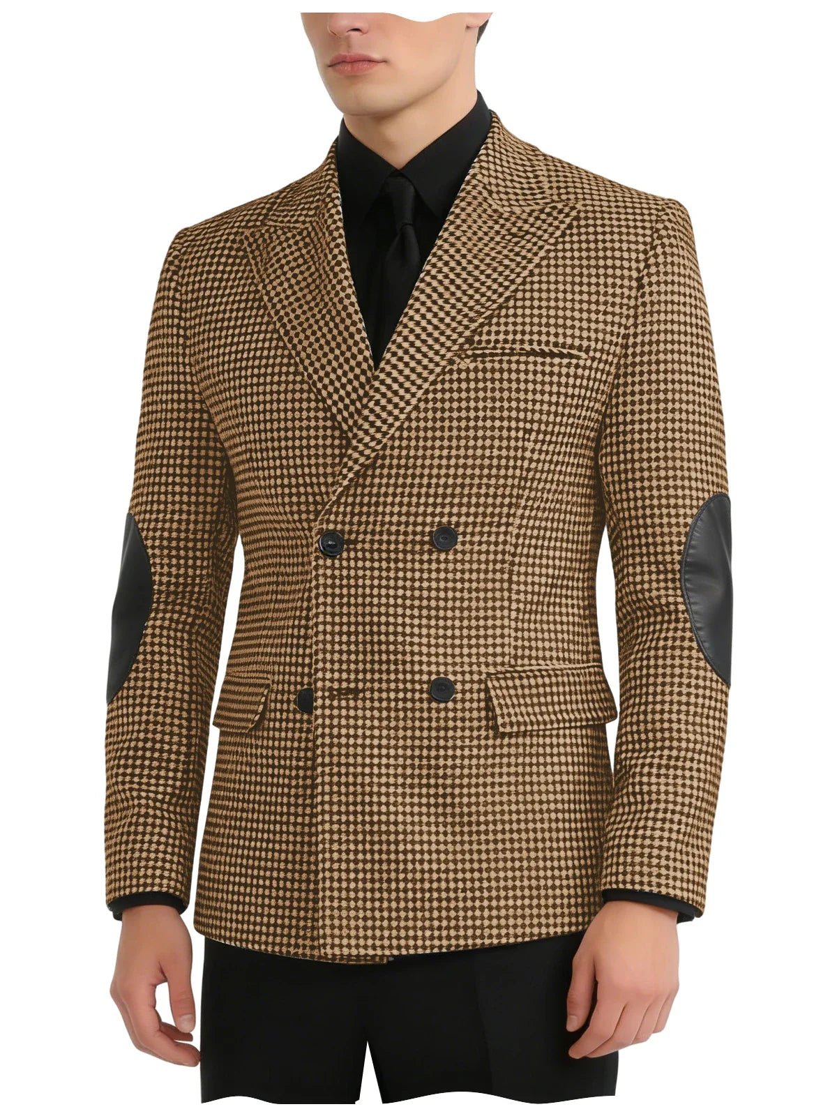 Men's Vintage Houndstooth Blazer Notch Lapel Leather Elbow Patches Slim Fit Jacket Business Casual Sport Coat For Spring Autumn