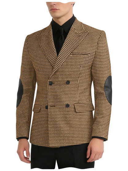 Men's Vintage Houndstooth Blazer Notch Lapel Leather Elbow Patches Slim Fit Jacket Business Casual Sport Coat For Spring Autumn