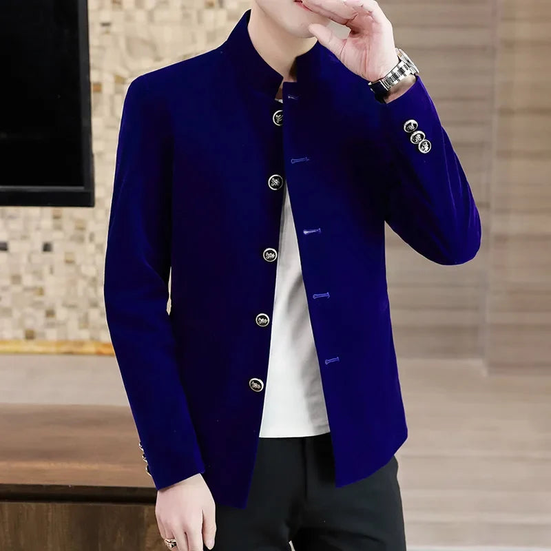 Men's Light Luxury Golden Velvet Coat Youth Fashion Trend Solid Color Stand Collar MAO Suit Handsome Boutique Item