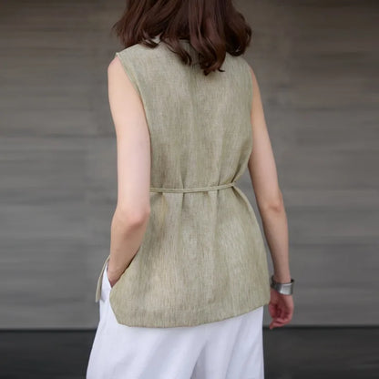 100% Linen Mid-Length Round Neck Women's Tank Top American Vintage Ladies Top Mujer Summer Lace-up Loose Sleeveless Tops