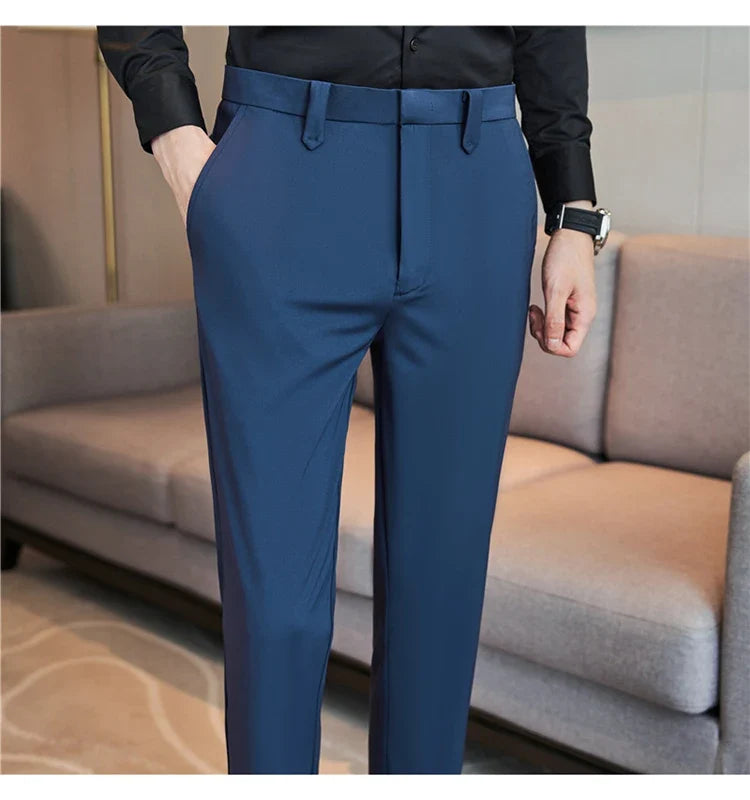 Mens Dress Pants Trousers 2025 Summer New Thin Breathable Solid Casual High Elastic Slim Fit Suit Pants Streetwear Men Clothing