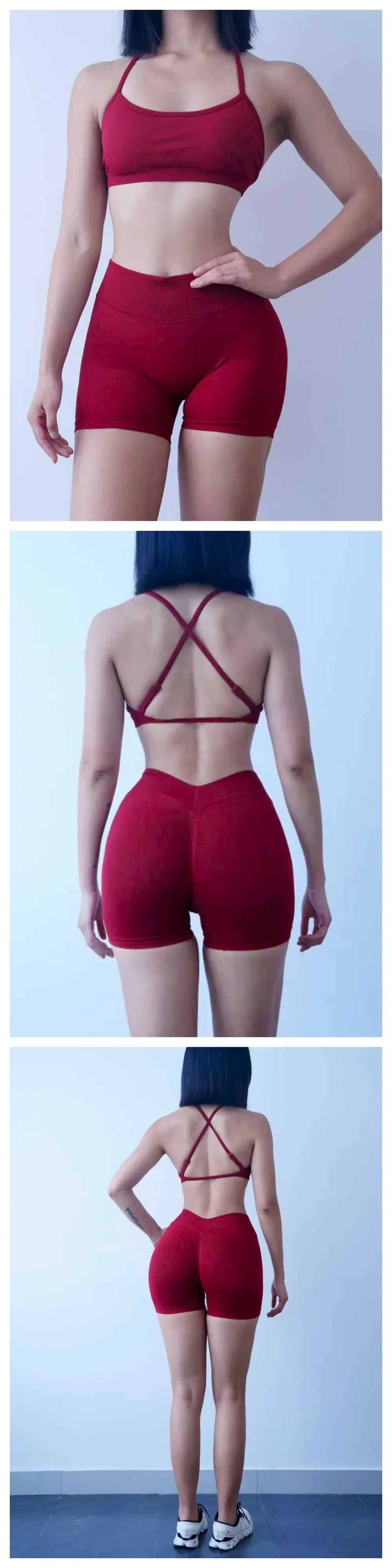 New Women's Seamless Workout Sets Thin Strap Back Sports Bra & 3-Inch Shorts, Quick Dry Gym Yoga Outfits