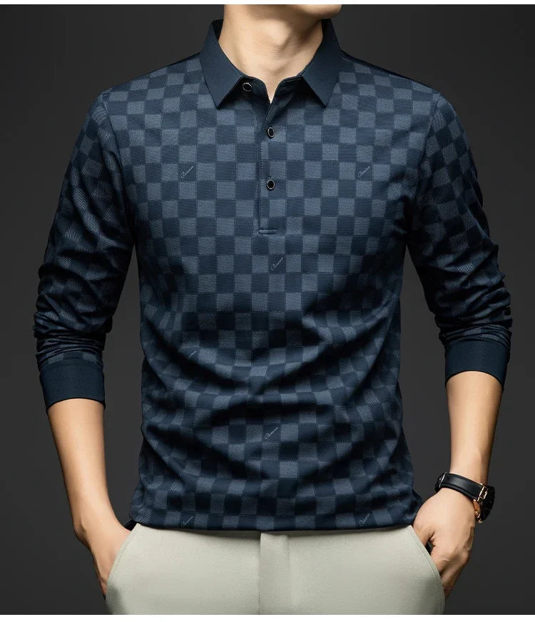 Polo Shirts for Man Autumn Business Slim Fit Long Sleeve T Shirt Men 2026 New Casual Loose Pullover Plaid Men Tops & Tees