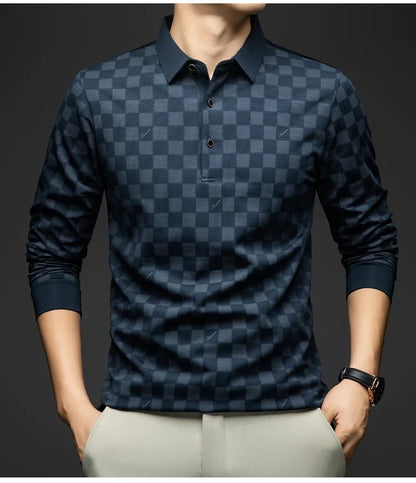 Polo Shirts for Man Autumn Business Slim Fit Long Sleeve T Shirt Men 2026 New Casual Loose Pullover Plaid Men Tops & Tees