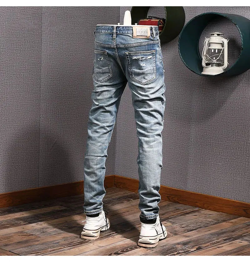 Street Fashion Men Jeans Retro Blue Stretch Slim Fit Hole Ripped Jeans Men Patched Designer Hip Hop Vintage Denim Pants Hombre
