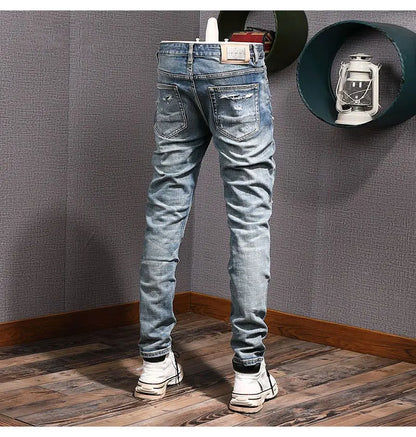 Street Fashion Men Jeans Retro Blue Stretch Slim Fit Hole Ripped Jeans Men Patched Designer Hip Hop Vintage Denim Pants Hombre