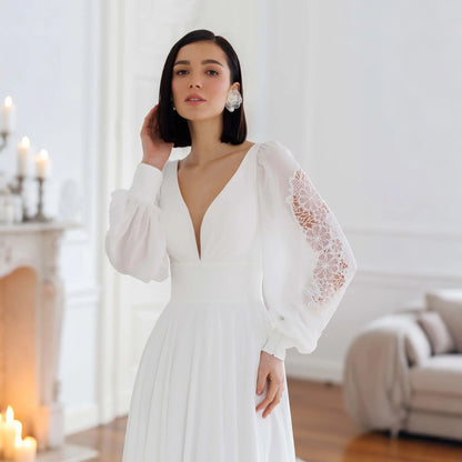 Chiffon Boho Wedding Dress 2026 Applique Backless Puff Sleeve A Line Ivory vestido de novia civil Customized Bridal Gowns