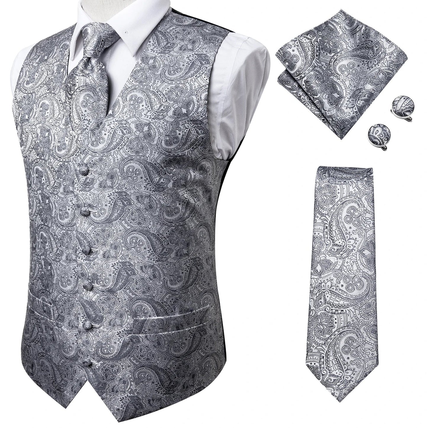 Adult Men's Vest for Suit Luxury Paisley Floral Plaid Suit Vest and Tie Set Blue Gold Red Sliver Wedding Vest Men