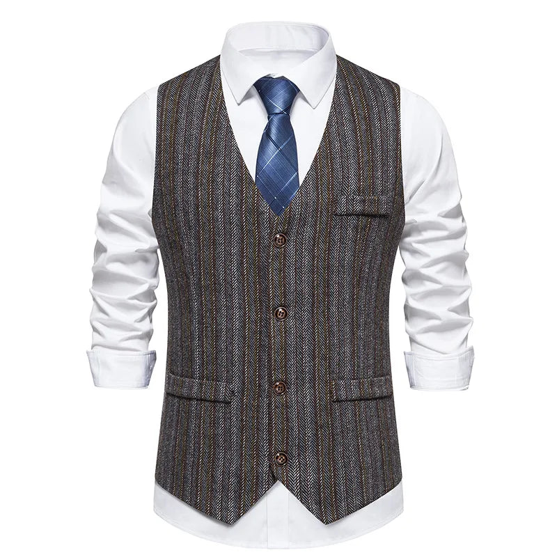 Men Waistcoat Autumn Vintage Striped Single-breasted Man Vest Slim Sleeveless Business Casual Versatile Male Suit Vest