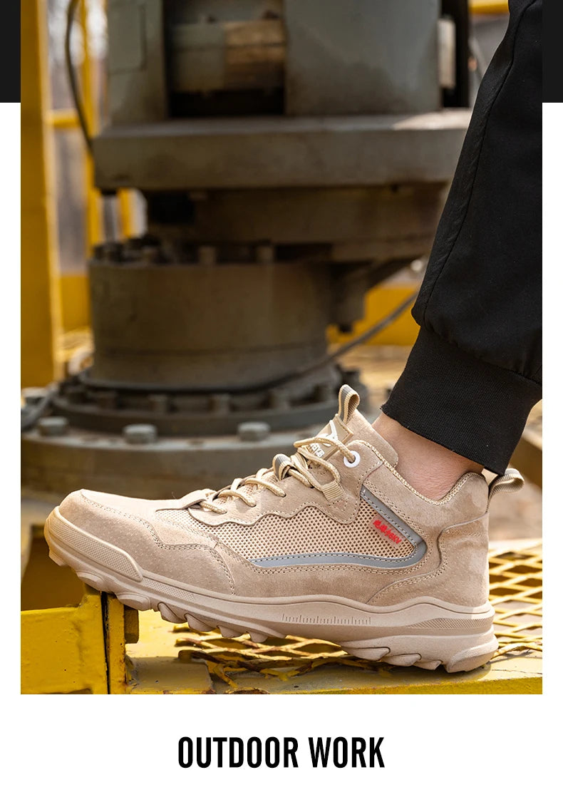 Reflective Strip Design Safety Work Shoes For Men Cow Suede Leather Indestructible Construction Boots Steel Toe Male Footwear