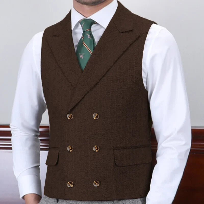 Men Vest Gray Herringbone With Lapel Double Button Waistcoat For Wedding Business Banquet Work Daily Casual Men Suit Vest