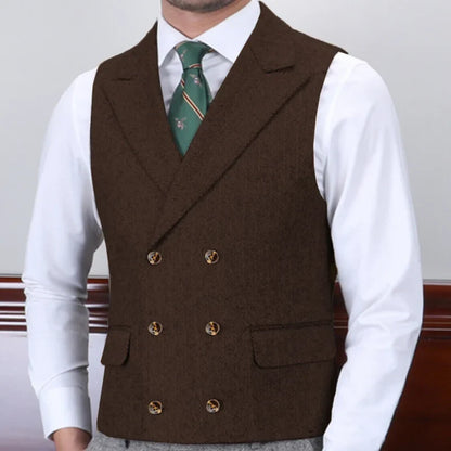 Men Vest Gray Herringbone With Lapel Double Button Waistcoat For Wedding Business Banquet Work Daily Casual Men Suit Vest