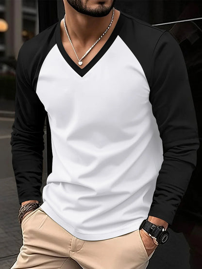 New Spring Autumn Style Everyday Wear Outdoor Sports Fashion Trendy Versatile Color Block V-neck Long Sleeve Men's Top
