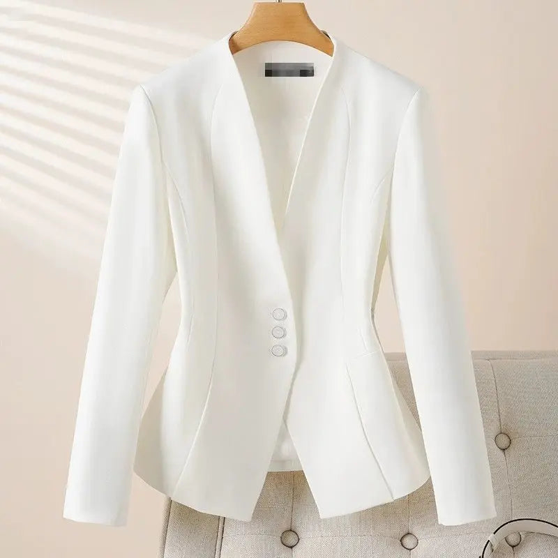 2026 New Short Little Blazer Coat Female Spring Autumn Fashion Collarless Suit Jacket Woman White Outerwear Slim V-neck  Outcoat