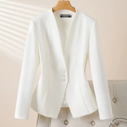 2026 New Short Little Blazer Coat Female Spring Autumn Fashion Collarless Suit Jacket Woman White Outerwear Slim V-neck  Outcoat