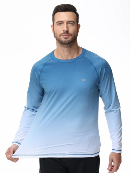 Summer Men's UPF 50+ Beach Swimming T-Shirt, Quick Dry Long Sleeve Fashion Gradient Rash Guard Tops for Sport Fishing Hiking