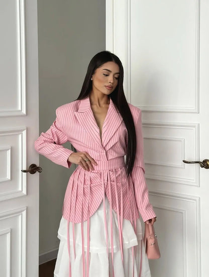 Women's Spring Summer Lapel Stripe Print Fringe Detail Blazer Elegant Formal Party 2026 Trendy Feminine Fashion Blazer